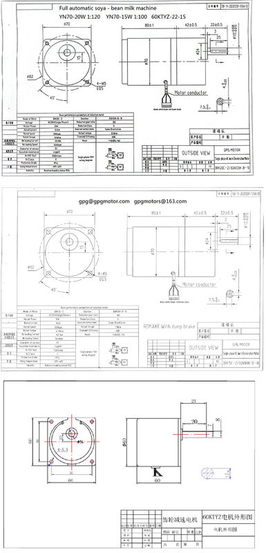 YN70-20 70JB20G10 petit moteur de vitesse à C.A. de 3 phases pour le soja Bean Milk Machine